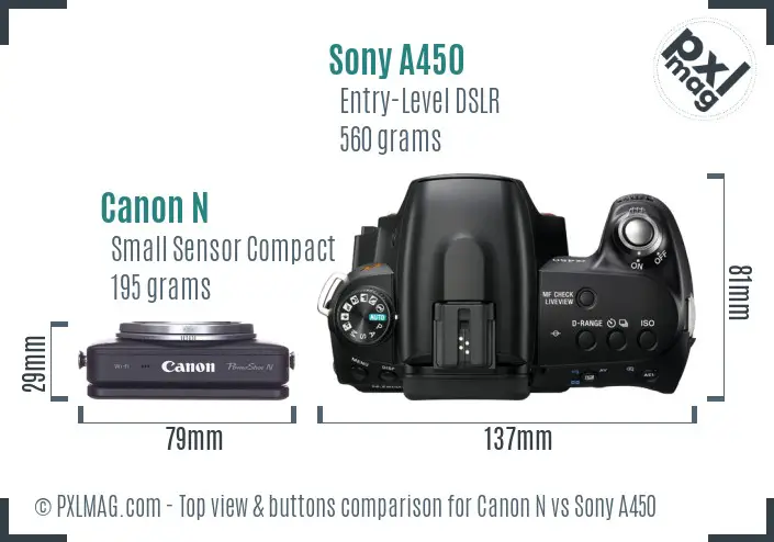 Canon N vs Sony A450 top view buttons comparison