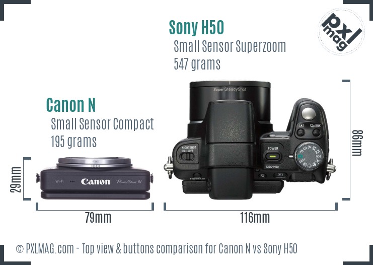 Canon N vs Sony H50 top view buttons comparison