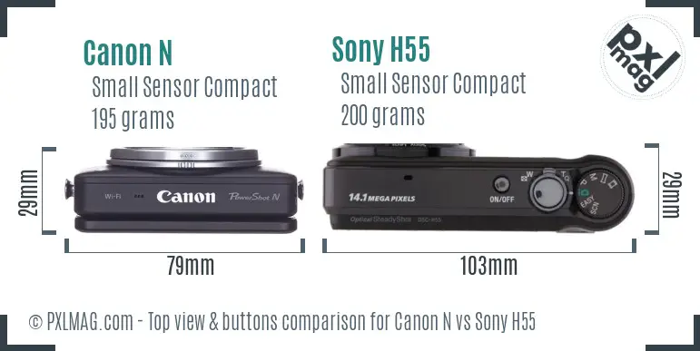 Canon N vs Sony H55 top view buttons comparison Canon N vs Sony H55 top view buttons comparison