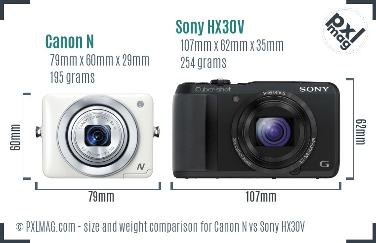 Canon N vs Sony HX30V size comparison
