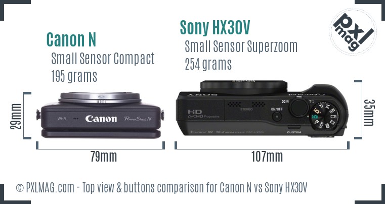Canon N vs Sony HX30V top view buttons comparison