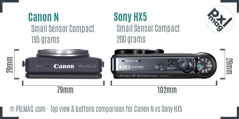 Canon N vs Sony HX5 top view buttons comparison