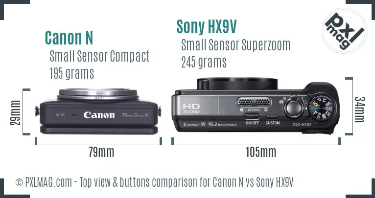 Canon N vs Sony HX9V top view buttons comparison