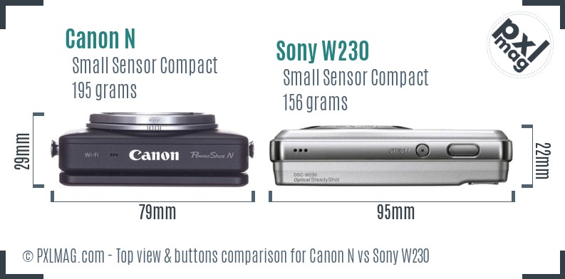 Canon N vs Sony W230 top view buttons comparison