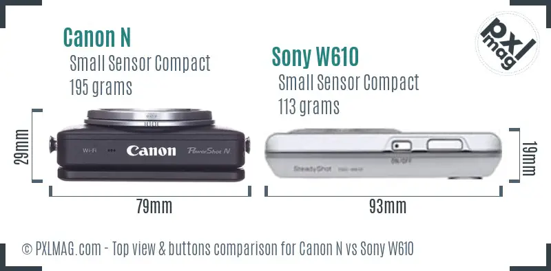 Canon N vs Sony W610 top view buttons comparison