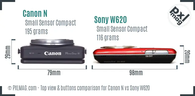 Canon N vs Sony W620 top view buttons comparison