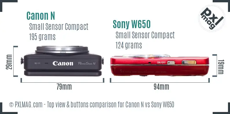 Canon N vs Sony W650 top view buttons comparison