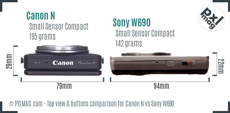 Canon N vs Sony W690 top view buttons comparison