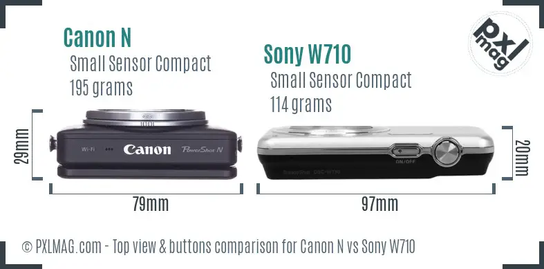 Canon N vs Sony W710 top view buttons comparison