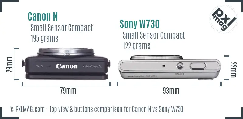 Canon N vs Sony W730 top view buttons comparison