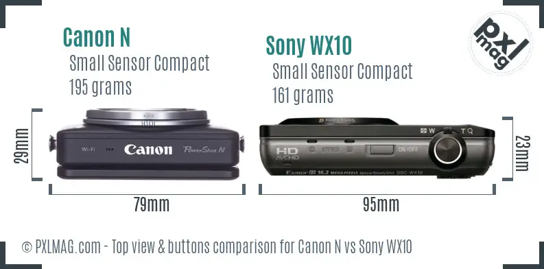 Canon N vs Sony WX10 top view buttons comparison