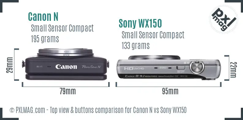 Canon N vs Sony WX150 top view buttons comparison