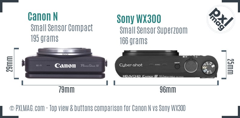 Canon N vs Sony WX300 top view buttons comparison