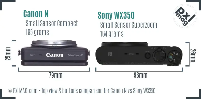 Canon N vs Sony WX350 top view buttons comparison