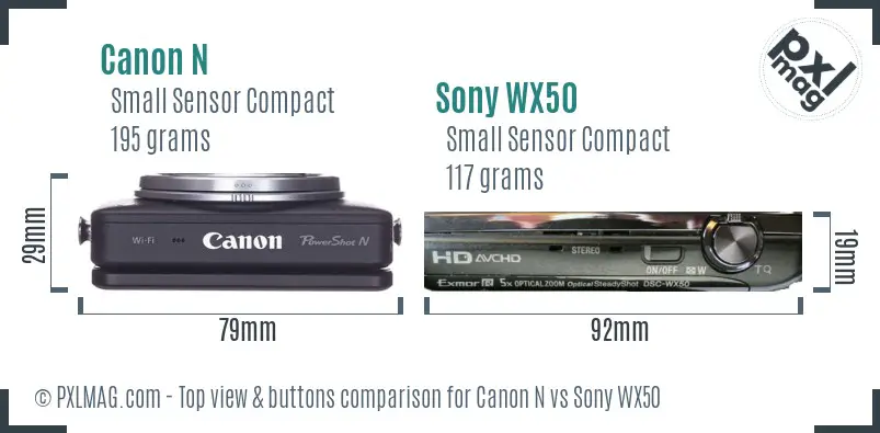 Canon N vs Sony WX50 top view buttons comparison Canon N vs Sony WX50 top view buttons comparison