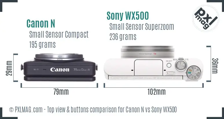 Canon N vs Sony WX500 top view buttons comparison Canon N vs Sony WX500 top view buttons comparison