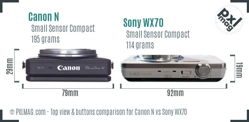 Canon N vs Sony WX70 top view buttons comparison