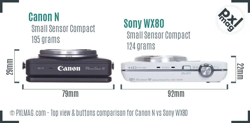 Canon N vs Sony WX80 top view buttons comparison