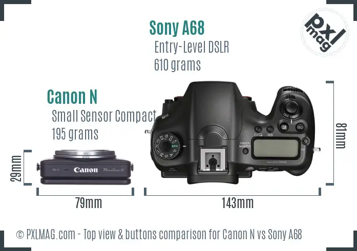 Canon N vs Sony A68 top view buttons comparison