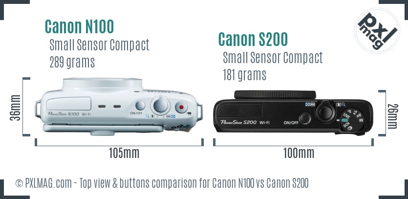 Canon N100 vs Canon S200 top view buttons comparison