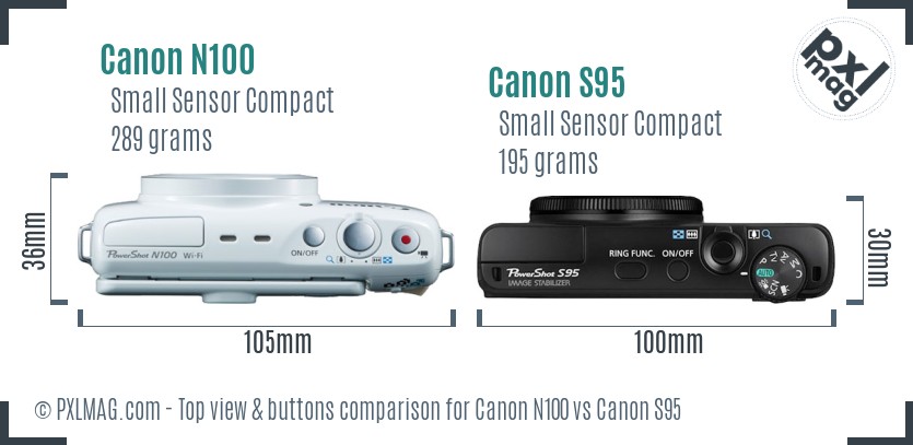 Canon N100 vs Canon S95 top view buttons comparison