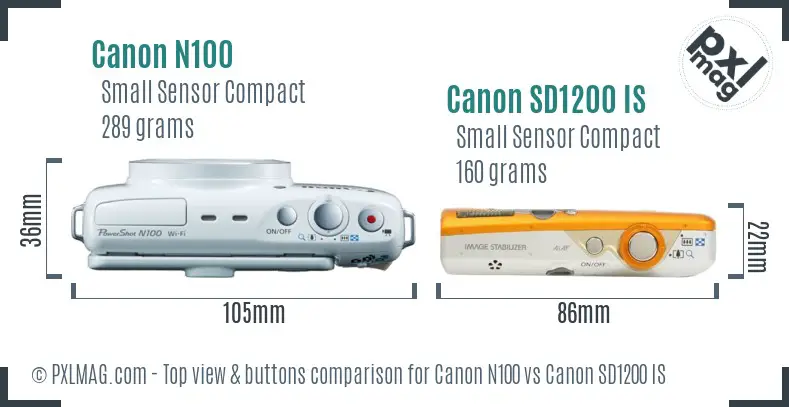 Canon N100 vs Canon SD1200 IS top view buttons comparison
