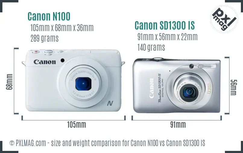Canon N100 vs Canon SD1300 IS size comparison