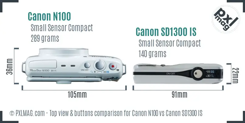Canon N100 vs Canon SD1300 IS top view buttons comparison