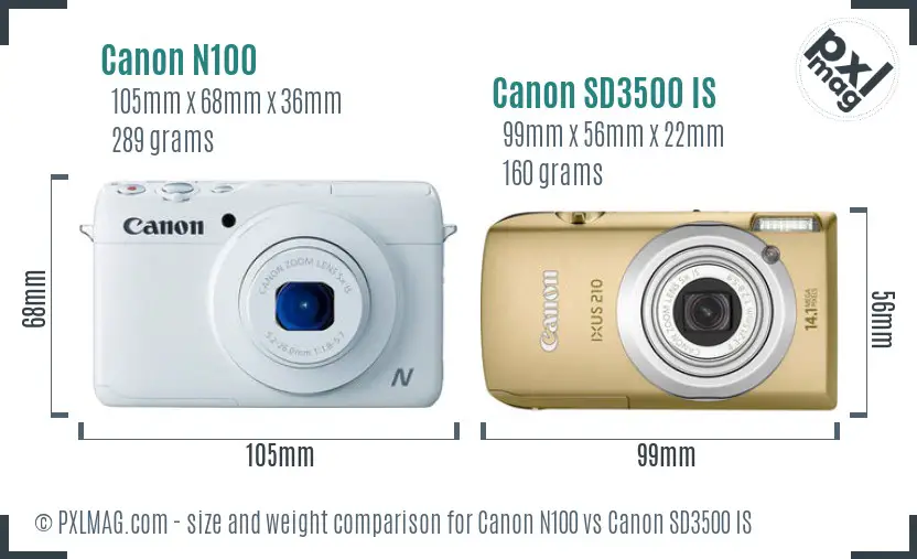 Canon N100 vs Canon SD3500 IS size comparison