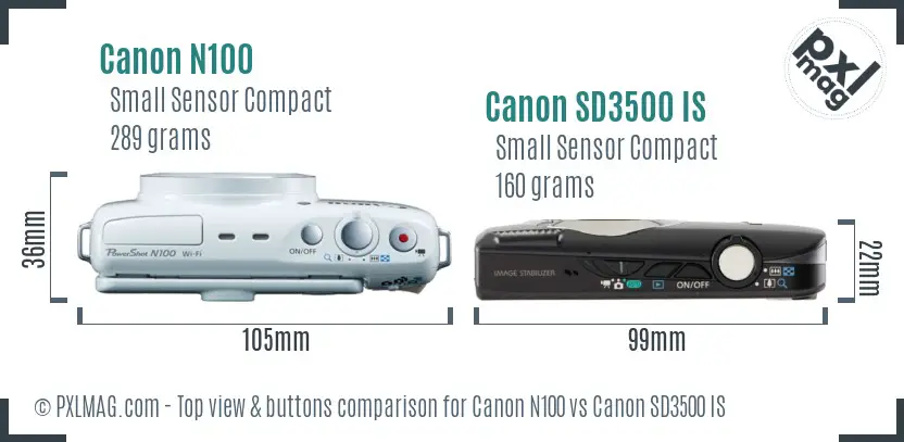 Canon N100 vs Canon SD3500 IS top view buttons comparison