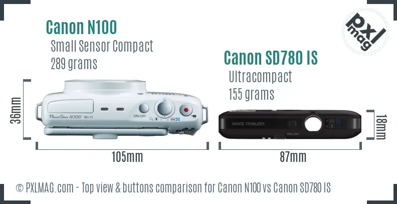 Canon N100 vs Canon SD780 IS top view buttons comparison