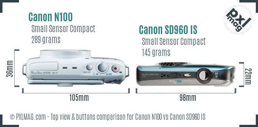 Canon N100 vs Canon SD960 IS top view buttons comparison