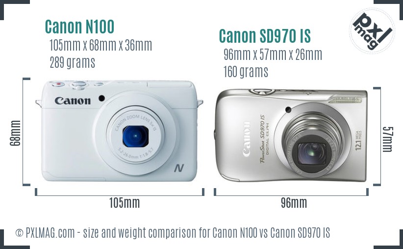 Canon N100 vs Canon SD970 IS size comparison