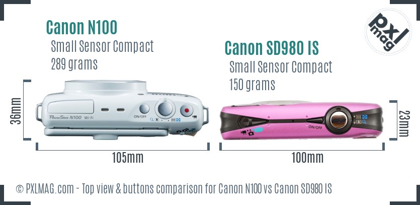 Canon N100 vs Canon SD980 IS top view buttons comparison