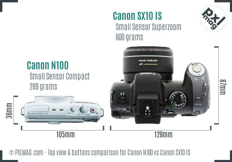 Canon N100 vs Canon SX10 IS top view buttons comparison
