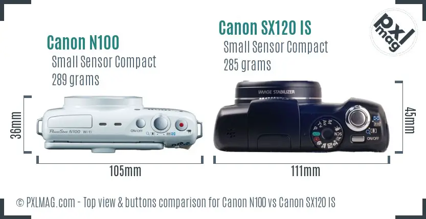 Canon N100 vs Canon SX120 IS top view buttons comparison