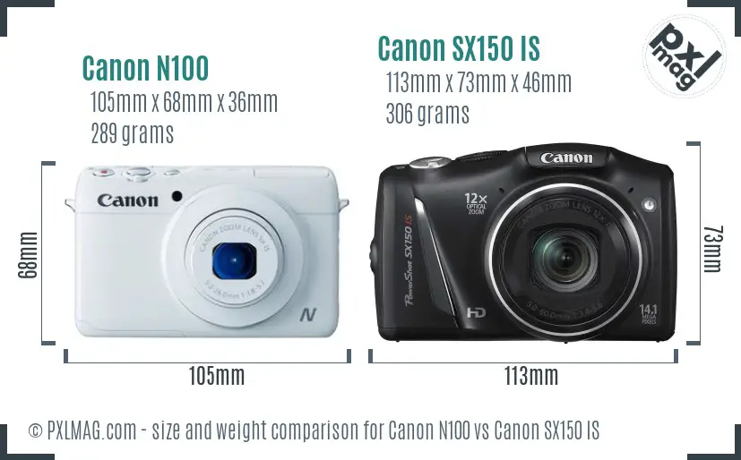 Canon N100 vs Canon SX150 IS size comparison