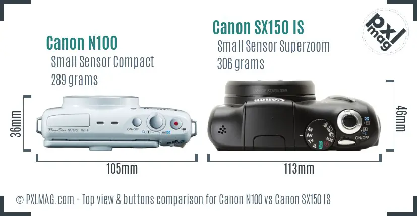 Canon N100 vs Canon SX150 IS top view buttons comparison