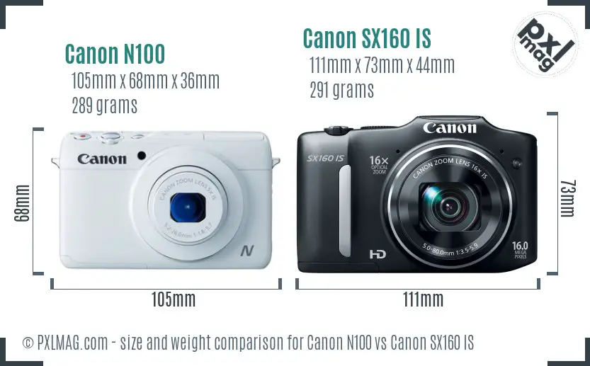 Canon N100 vs Canon SX160 IS size comparison