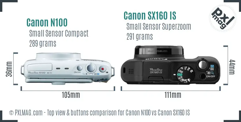 Canon N100 vs Canon SX160 IS top view buttons comparison