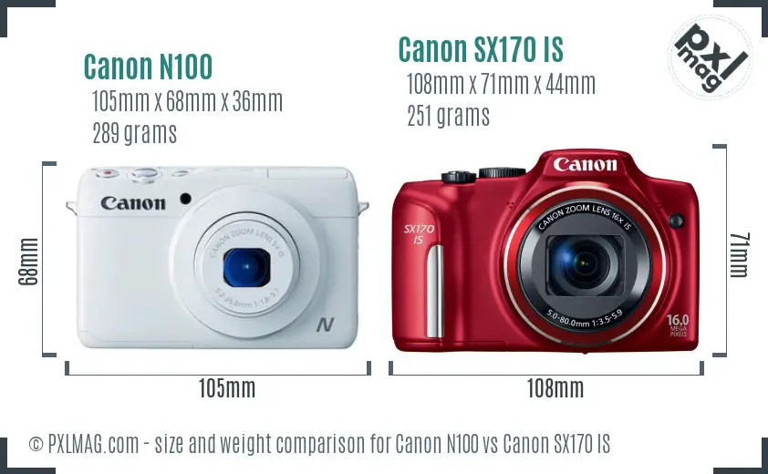 Canon N100 vs Canon SX170 IS size comparison