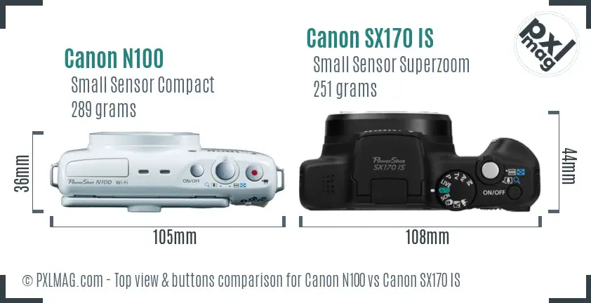 Canon N100 vs Canon SX170 IS top view buttons comparison