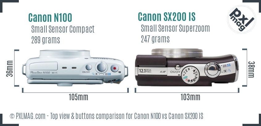 Canon N100 vs Canon SX200 IS top view buttons comparison