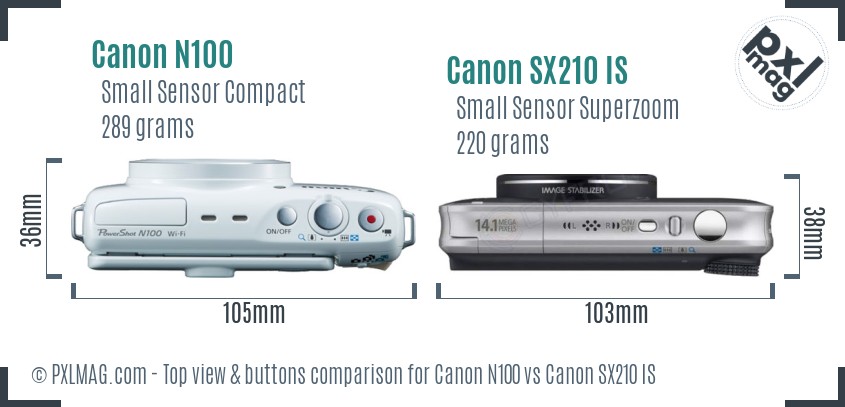 Canon N100 vs Canon SX210 IS top view buttons comparison