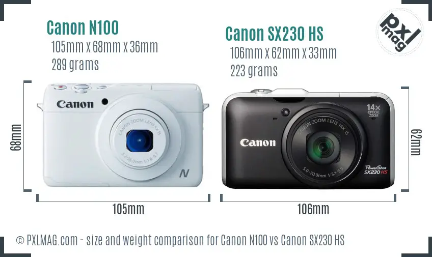 Canon N100 vs Canon SX230 HS size comparison