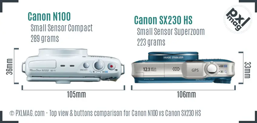 Canon N100 vs Canon SX230 HS top view buttons comparison