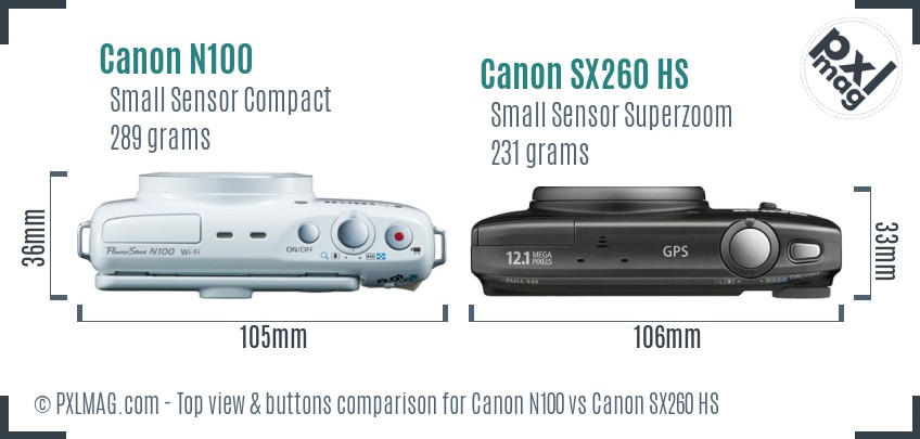 Canon N100 vs Canon SX260 HS top view buttons comparison