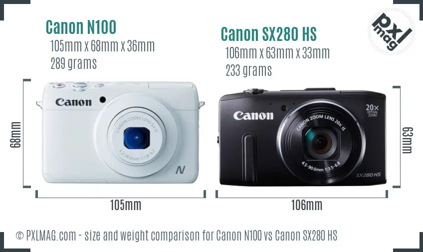 Canon N100 vs Canon SX280 HS size comparison