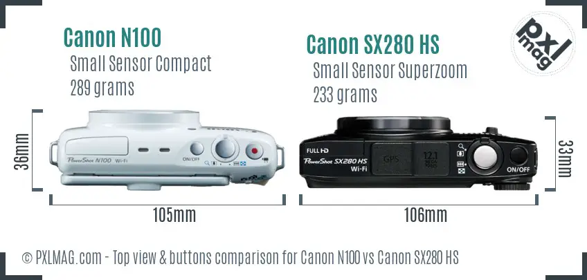 Canon N100 vs Canon SX280 HS top view buttons comparison