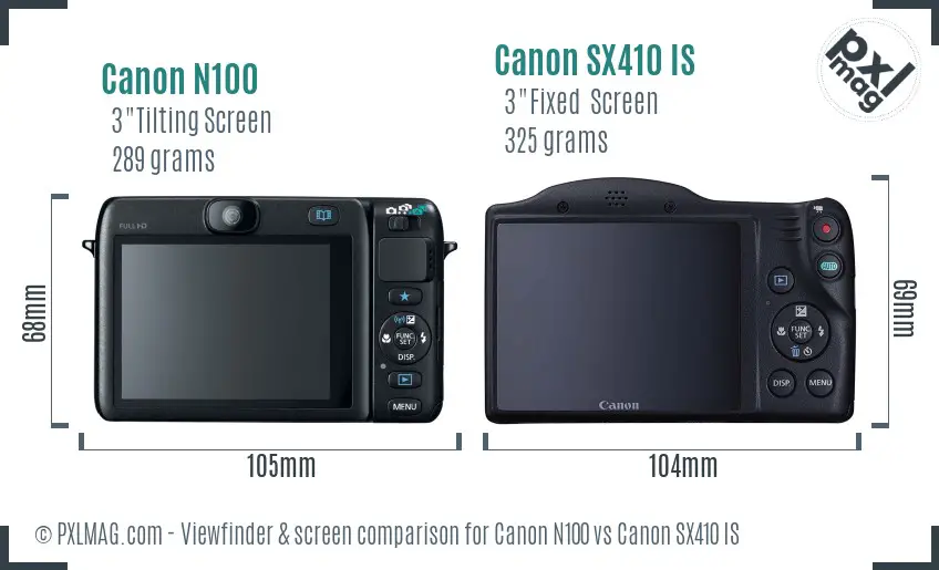 Canon N100 vs Canon SX410 IS Screen and Viewfinder comparison